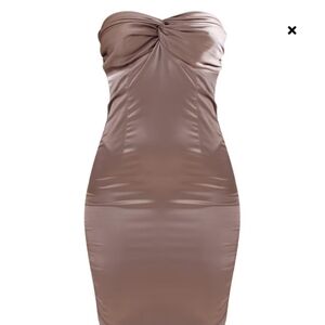 PrettyLittleThing Strapless Satin Dress in Taupe